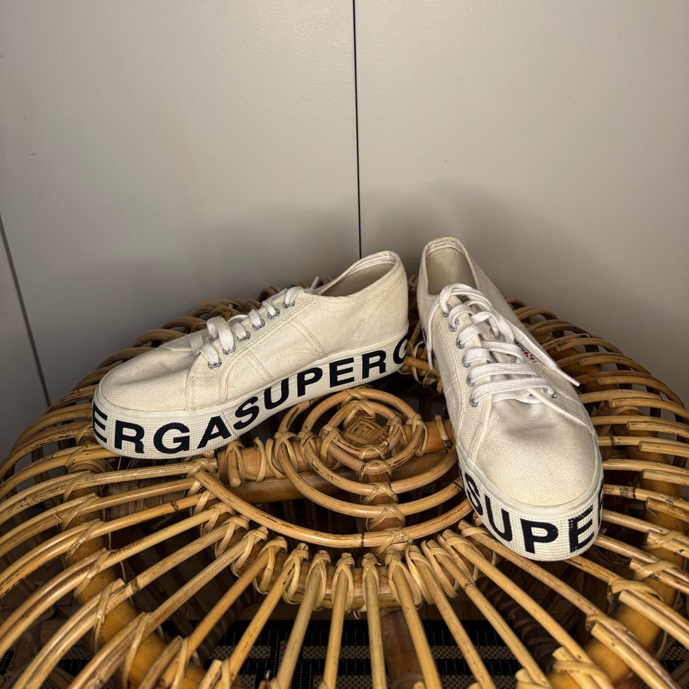 Superga White Canvas Navy Logo Platform Sneakers